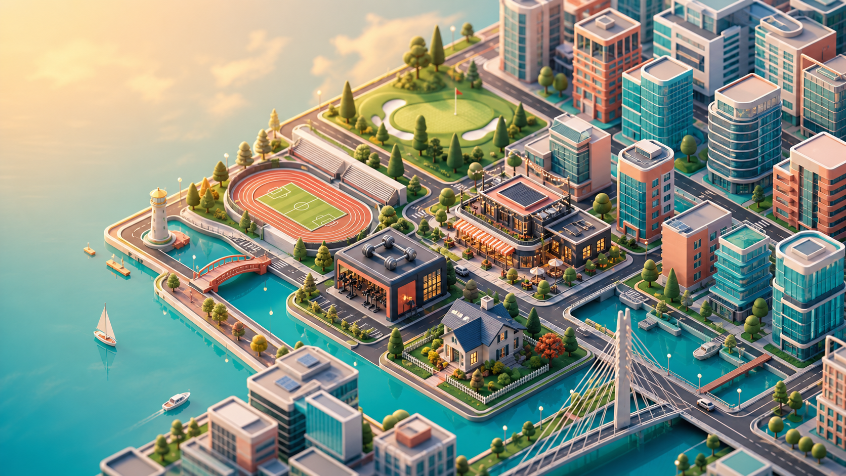 Isometric TigerMindLabs city with product neighborhoods, water, bridges, a track, a gym, a golf course, a restaurant, and a house.