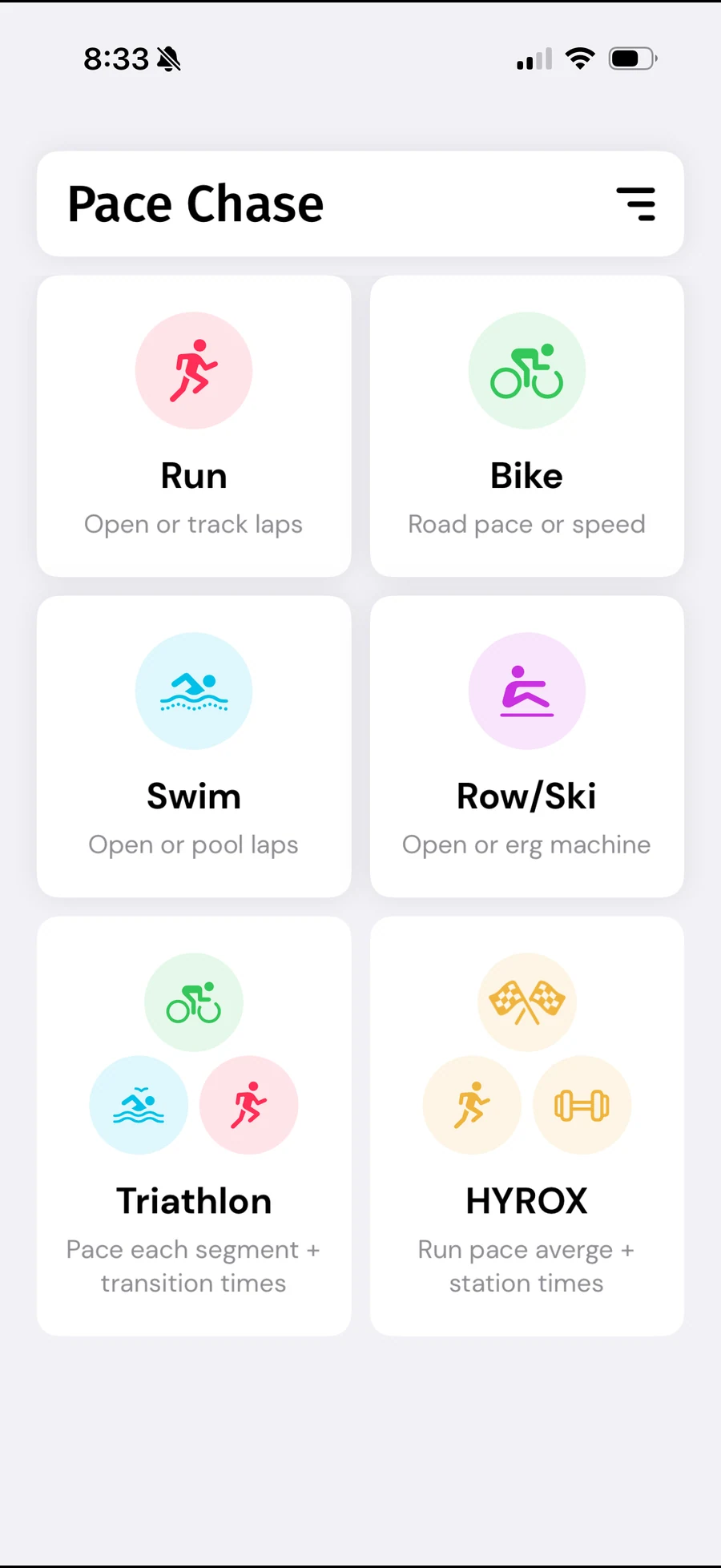 PaceChase Choose Your Discipline screen